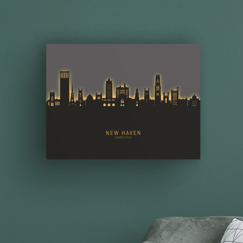 «New Haven Connecticut Skyline Glow II» par Michael Tompsett, impression sur toile tendue, H 24 po x l 32 po x P 2 po