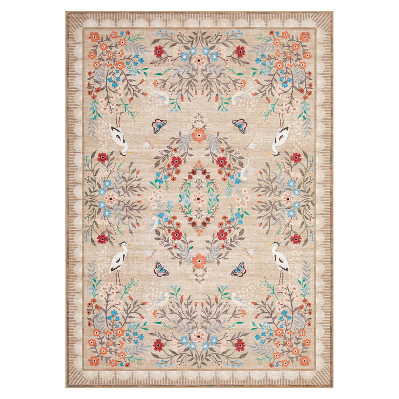 Floral Area Rugs for Living Room Bedroom, Washable Non Slip Vintage Floor Rugs Large Low Pile Oriental Distressed Carpet