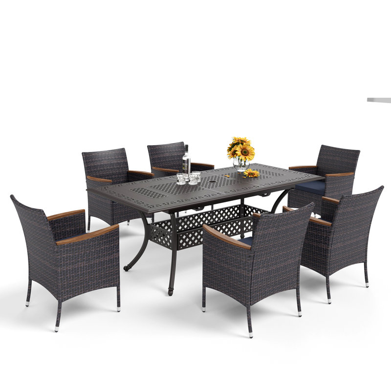 Asfand 6 - Person Patio Dining Set with Extendable Rectangular Table , Cushions Included