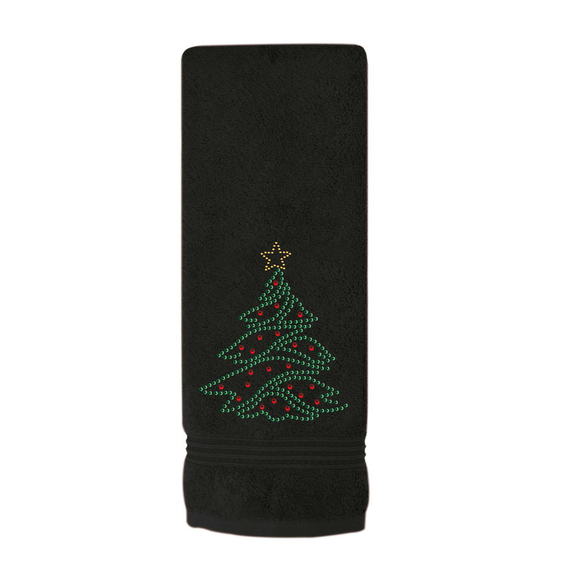 Sparkles Home Rhinestone Christmas Tree Hand Towel | Red, Green & Gold | 100% Cotton Terrycloth, Black