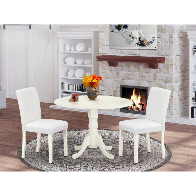Ensemble de salle à manger 3 pièces pour petits espaces comprenant une table de salle à manger ronde avec Dropleaf et 2 chaises Parson en similicuir blanc, 42 x 42 pouces, blanc lin