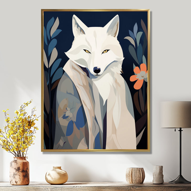 Gracieux renard mystérieux rétro Illustration - décoration murale animal renard, Toile flottante dorée encadrée
