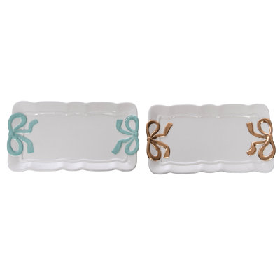 Plateau rectangulaire en céramique avec nœud, plateau décoratif, blanc, céramique, ensemble de 2, plateau de table, salon, Pâques, décoration intérieure
