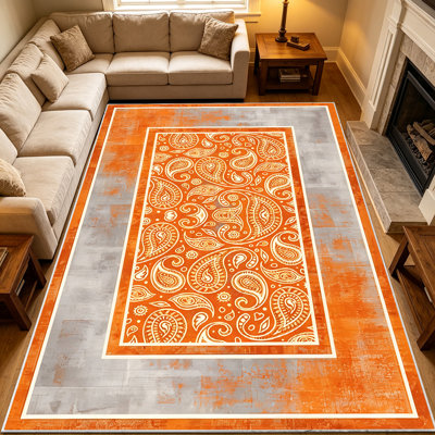 Tapis gris délavé à motif cachemire rétro de 1 pièce pour le salon, doux et confortable, convenant à toutes les saisons, facile à entretenir et lavable à la machine