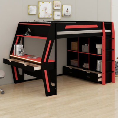 Smart RGB LED Loft Bed with Desk, USB Ports, 6 Cubbies, 6 Drawers