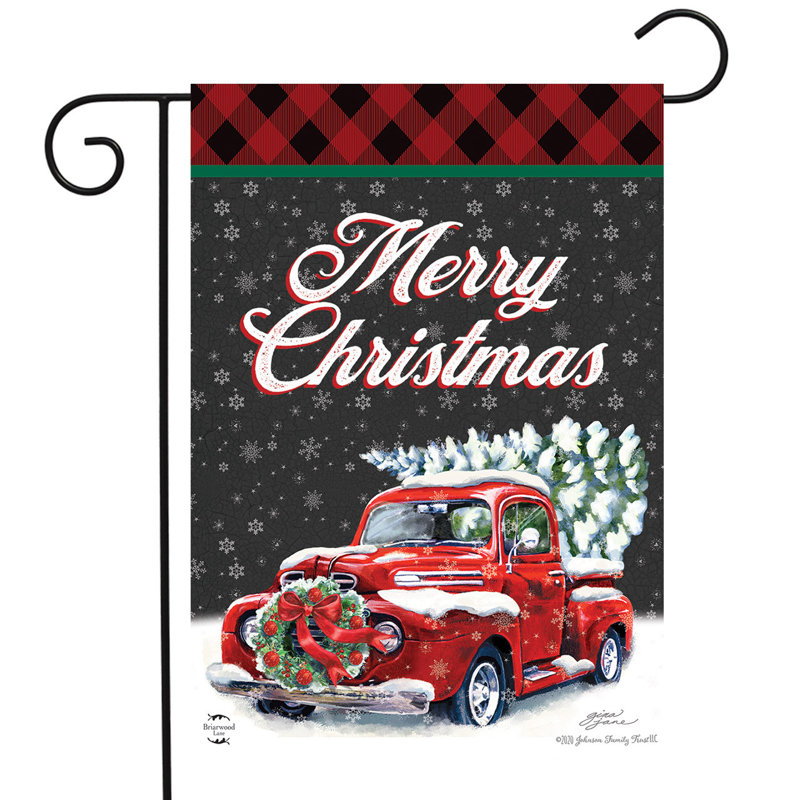 Drapeau de jardin «Merry Christmas Pickup», Gris / blanc / rouge / vert