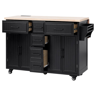 K&K 56.5'' Kitchen Island with Drop Leaf, Power Outlet, Embossed Vertical Stripe Rolling Kitchen Cart on Wheels with 4 Doors , 5 Deep Drawers and Adjustable Shelves, for Kitchen, Dining Room, Black