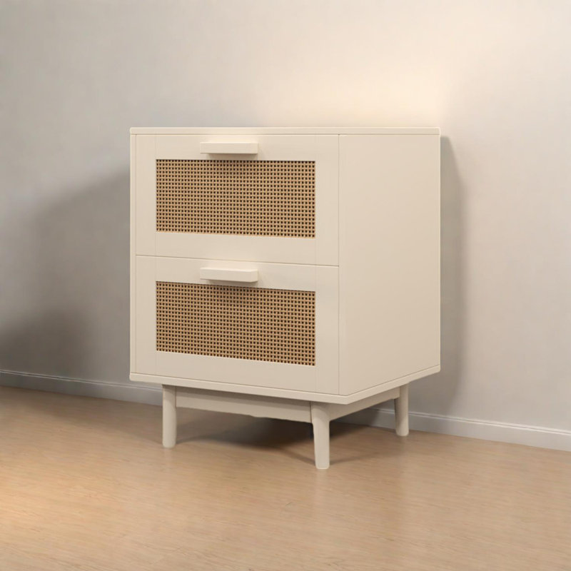 Table de chevet en rotin avec faux tiroirs en rotin et rangement, table de bout en bois
