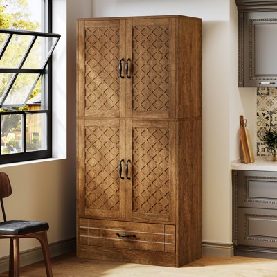 70" Tall Wood Farmhouse Kitchen Pantry Cabinet With Shelves & Drawers by Millwood Pines