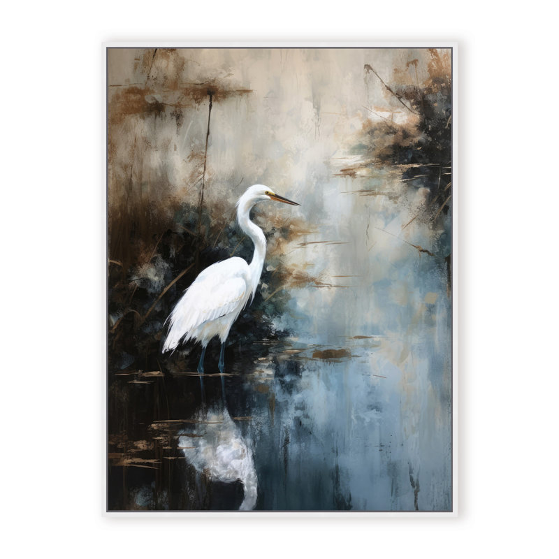 Nature Inspired Egret In Lake, 40" H x 30" W x 2.375" D, Framed Canvas, Brown