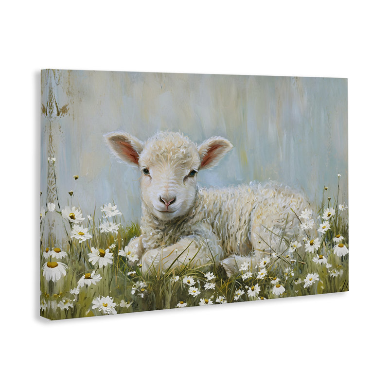 «Lamb Lambinging in Meadow», art mural sur toile par Petal Prints Design, H 16 po x l 24 po