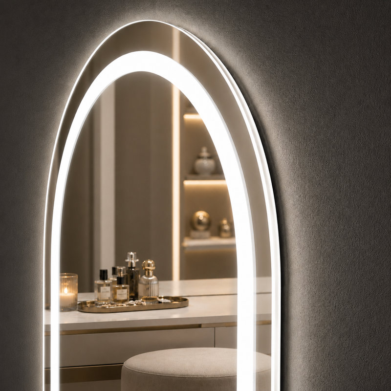 Miroir mural arqué à DEL pleine longueur avec lumières bicolores en verre argenté sans cuivre à intensité variable de 5 mm à brancher ou à brancher