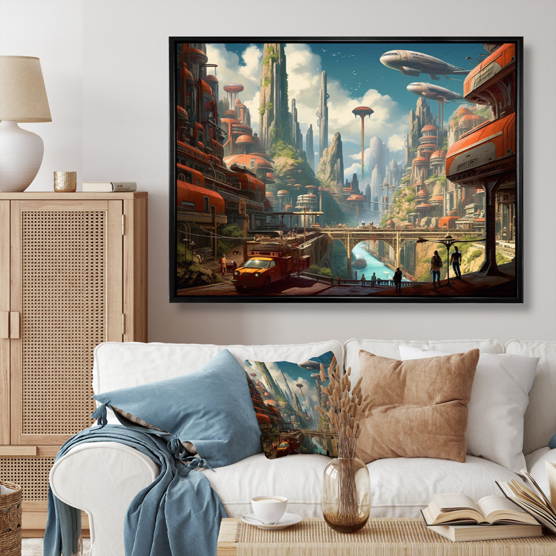 Art mural Sci Fi Odyssey City I - Sifi, H 30 po x l 40 po, Cadre flottant noir