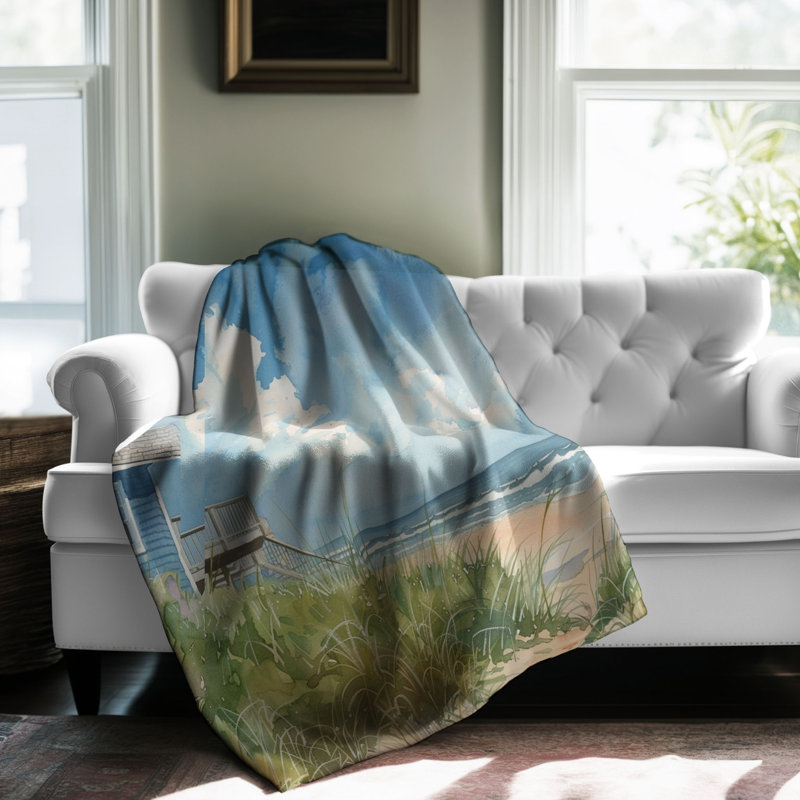 Tranquil Watercolor Shores - Couverture sherpa de qualité supérieure 1 pièce, Grand lit