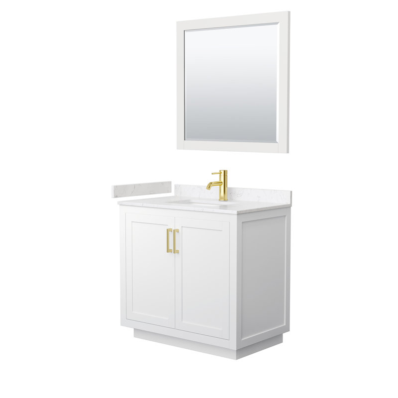 Miranda 36" Freestanding Single Bathroom Vanity with Cultured Marble Top with 34" Mirror, Brushed Gold, White