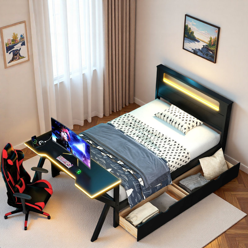Lit plateforme en bois avec tête de lit, bureau à DEL, station de charge et 2 tiroirs de rangement, Lit simple