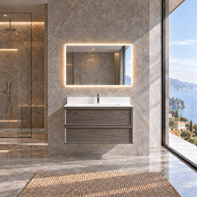 Meuble-lavabo flottant moderne 24/30/36 po avec lavabo à surface solide, meuble-lavabo mural avec tiroirs à fermeture en douceur, meuble-lavabo simple pré-assemblé, blanc / chêne / noir / gris
