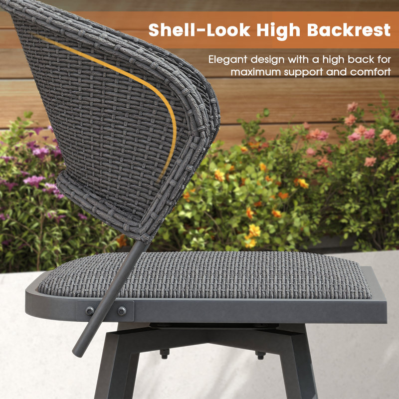 3-Piece Outdoor Bistro Set with Round Bar Table and Wicker Padded Swivel Bar Chairs, Brush Wood Gray/Gray