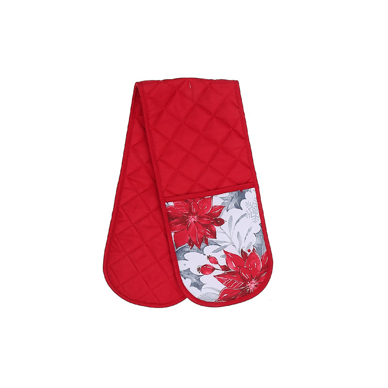 Red and Gray Cotton Double Oven Mitt with Poinsettia Design