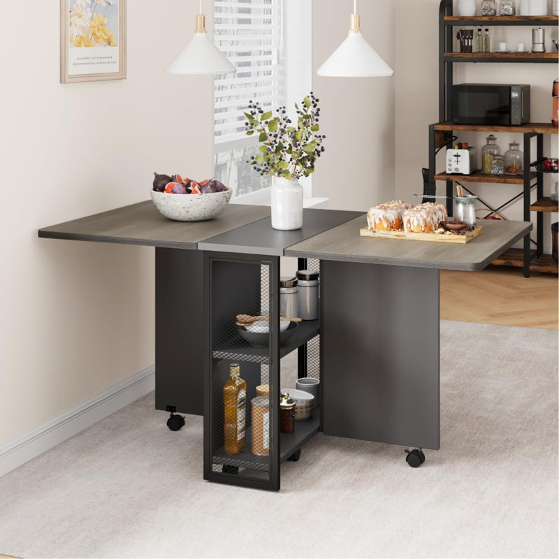Folding Dining Table With 2 Tier Storage-Extendable Drop Leaf Farmhouse, Grey