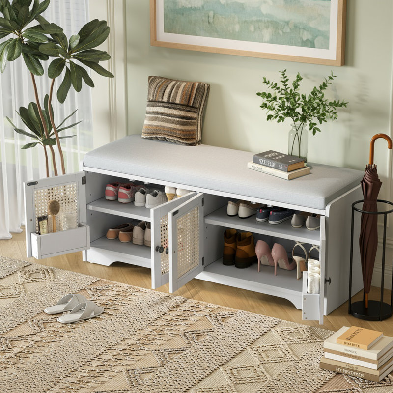Rattan Doors Shoes Storage Bench, White