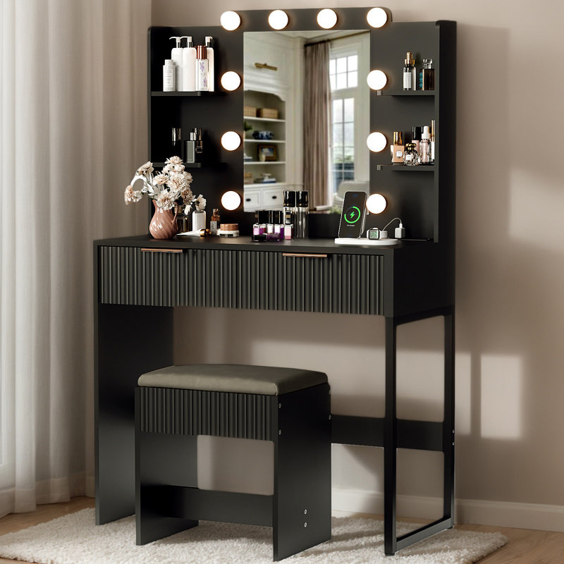 Lighted Vanity Table Set - 10pcs 3-Color Dimmable Bulbs, 2 Drawers, Black
