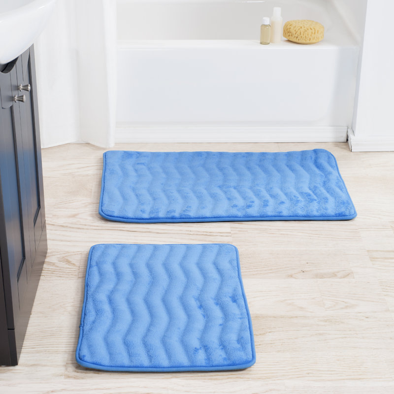 2 Piece Bathroom Rug Set - 32x20 Inch and 23x17 Inch Memory Foam Bath Mats with Textured Wave Print for Stylish Bathroom Decor - Bath Rugs Non Slip Washable Bathmats  (Blue)