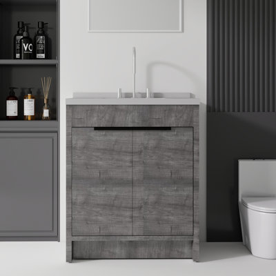 Meuble-lavabo autoportant de 30 po avec lavabo, porte à fermeture en douceur, comptoir et dosseret en marbre de granite blanc de 2 po, armoire en contreplaqué, finition grise