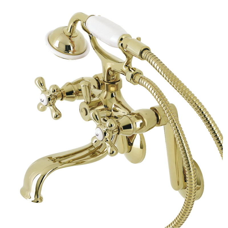 Kingston Brass Kingston Three-Handle 2-Hole Tub Wall Mount Clawfoot Tub Faucet with Handshower, Polished Brass