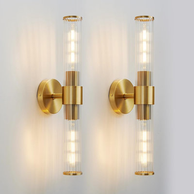Luminaires de meuble-lavabo modernes en or avec abat-jour en verre fileté, appliques murales à 2 lumières pour la salle de bain, la chambre à coucher, le salon et le couloir, installation câblée incluse