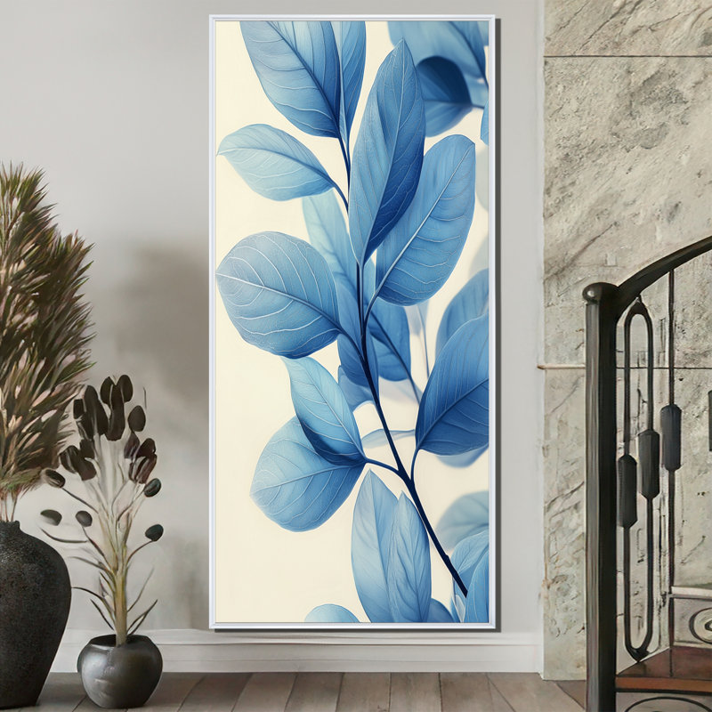 «Midnight Blue Leaves Tranquility IV», art sur toile, H 60 po x l 28 po, Reproduction avec cadre flottant, Blanc