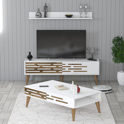 Modern Living Room Furniture Set, 3-Piece Walnut & Anthracite | TV Stand (55.1 x 13.8 x 27.6 in), Wall Shelf (47.2 x 6.3 x 11.8 in), Coffee Table (41.3 x 23.6 x 13.6 in) | 100% Melamine Coated Particle Board, Ample Storage