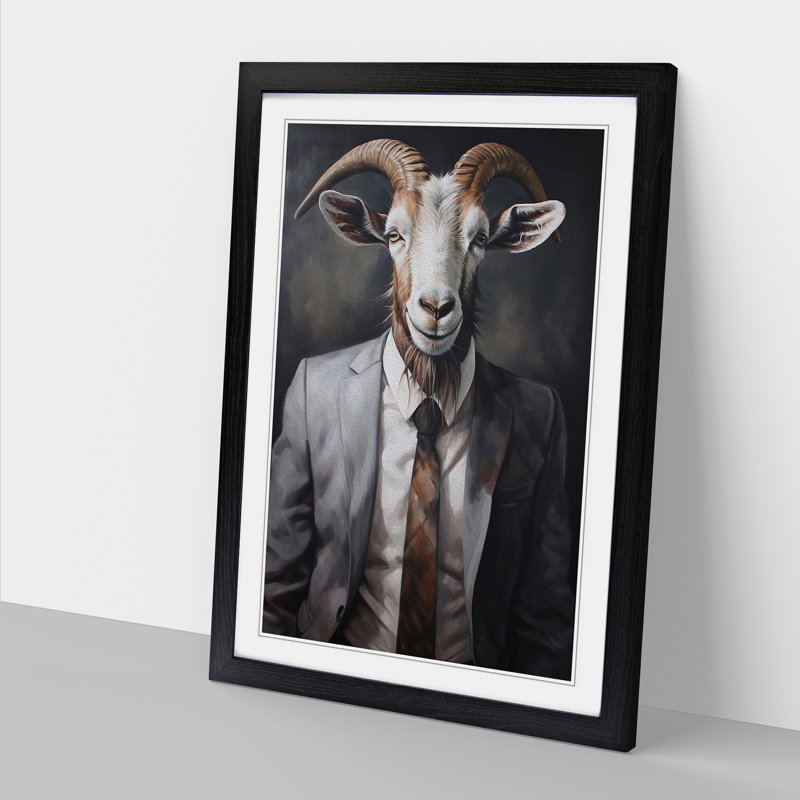 Goat In A Suit - Single Picture Frame Print on Wood, 34cm H x 25cm W, Black Framed