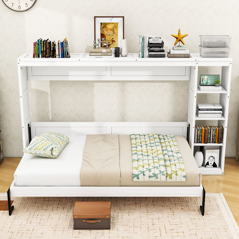 Space-Saving Wood Murphy Bed with Side Storage Shelves, Full, White