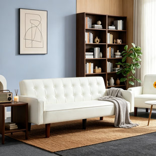 Modern 2-Seater Convertible Folding PU Leather Sofa Bed With Solid Wood Frame & Detachable Wood Legs For Living Room And Bedroom