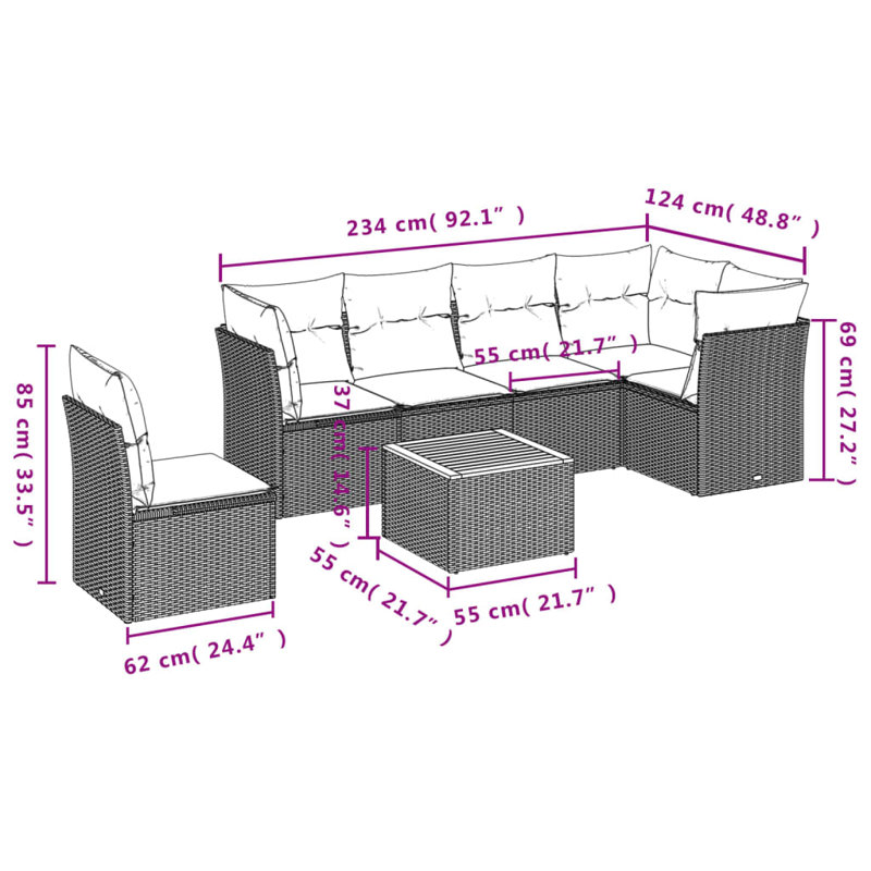 Ensemble de canapé de patio 7 pièces avec coussins pour l'extérieur, Marine, Gris