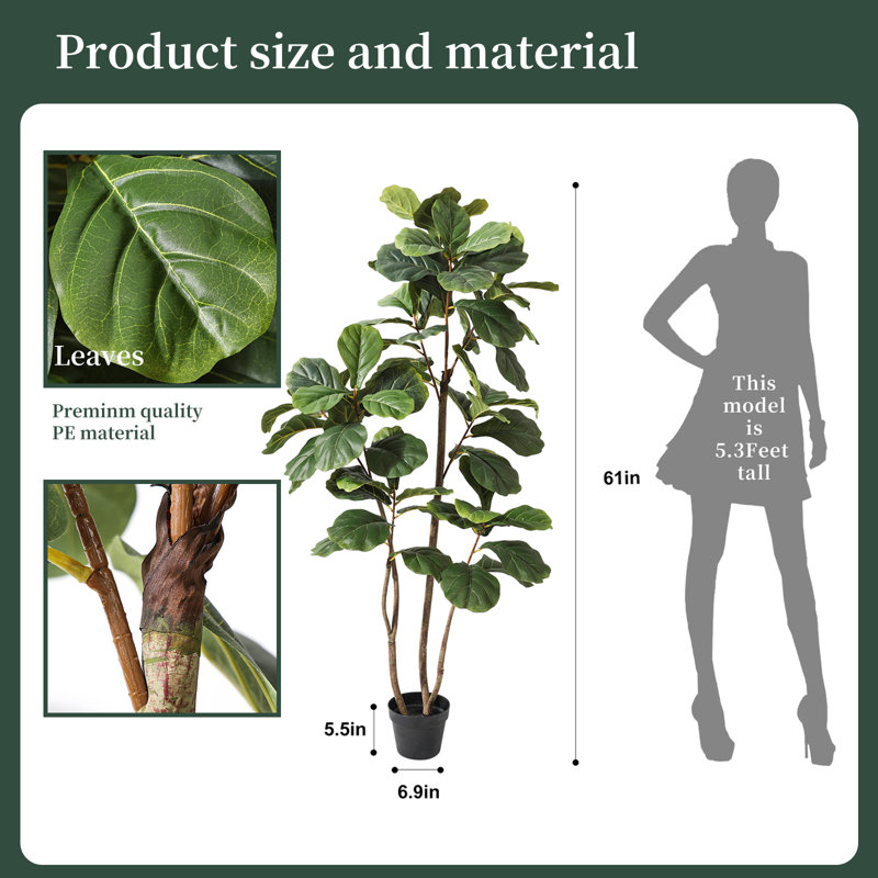 Faux Plants Artificial Tree 61'' Tall Fiddle Leaf Fig Tree in Black Pot Indoor for Home Office Décor