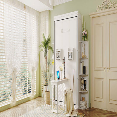 Lit escamotable double rotatif avec armoire murale cachée, deux tablettes latérales à 3 niveaux, bureau convertible, supports de rangement supplémentaires, lit mural multifonctionnel peu encombrant pour le bureau à domicile et les petites pièces, blanc