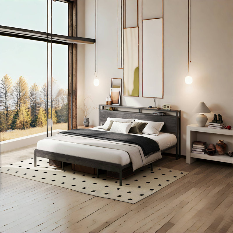 California King Bed Frame with Headboard, Dark Wood and Grey, Strong Supports, Sturdy, Noise-Free, No Box Spring Needed, Gray