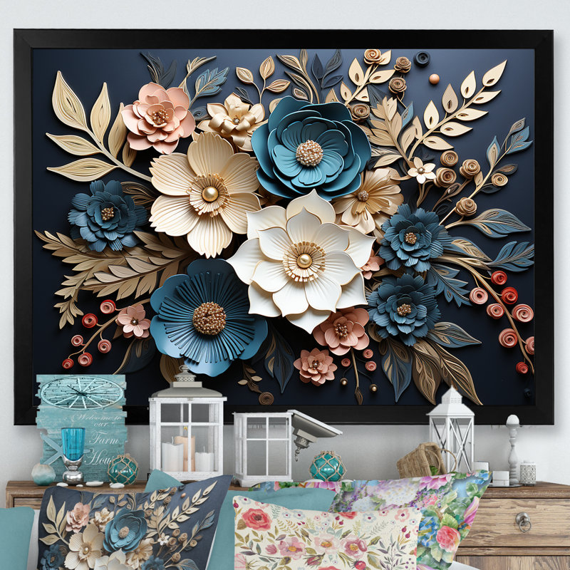 Bleu et or, charmantes fleurs printanières - art mural fleurs, H 30 po x l 40 po x P 1,5 po, Cadre d'angle fermé noir
