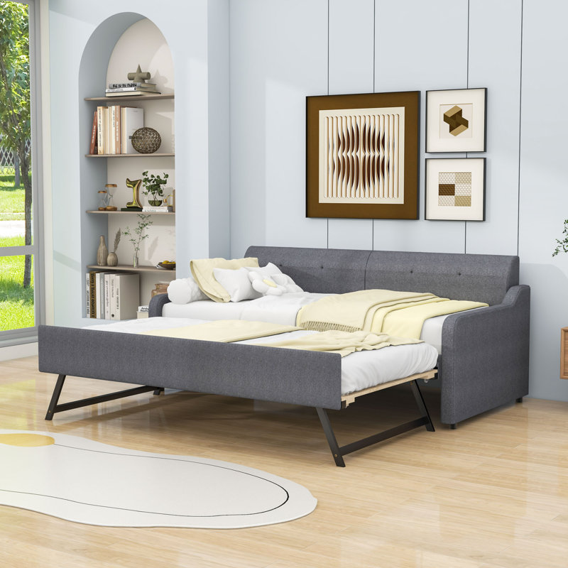 Twin Upholstery Daybed with USB Charging Armrest and Twin Trundle, Gray
