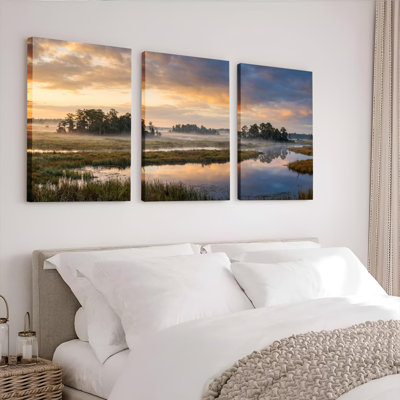 Ensemble de 3 tableaux sur toile représentant un coucher de soleil sur les marais, pour la décoration du salon, de la chambre et de la maison.