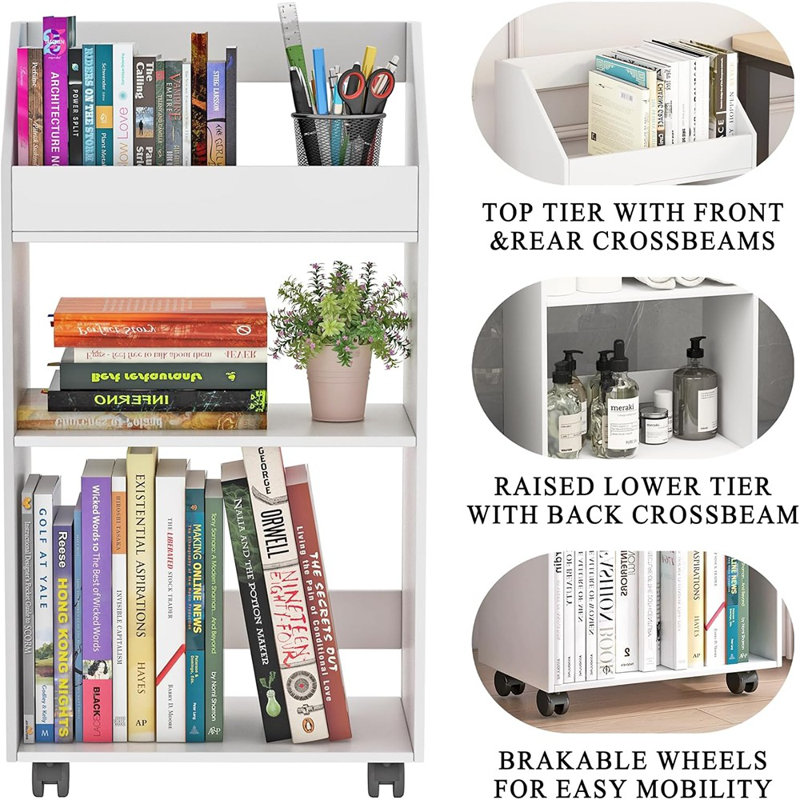 3-Tier Mobile Bookshelf, White Bookcase With Wheels, Rolling Fil...