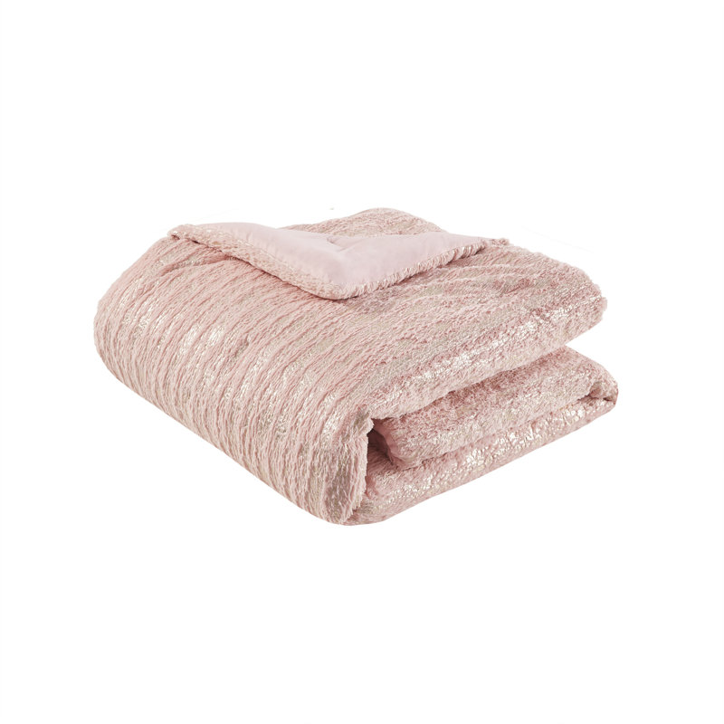 Metallic Print Faux Fur Comforter Set, Twin/Twin XL Comforter + 1 Standard Sham, Blush/Gold
