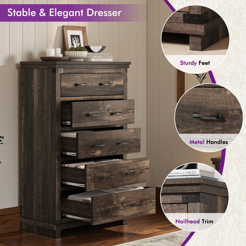 Farmhouse 48" H 5 Drawers Dresser with Ample Storage Space, Dark Oak, Dark Oak