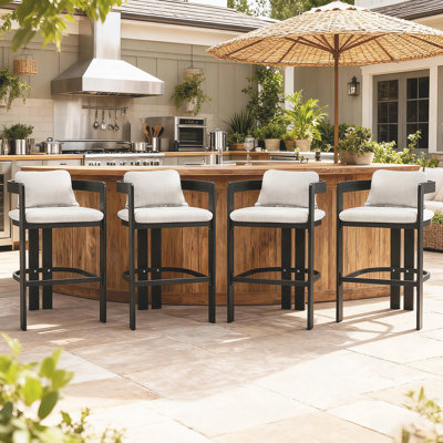 Outdoor Patio Aluminum Counter Stool, Bar Chair, Black Frame With Grey Cushion, Set Of 4