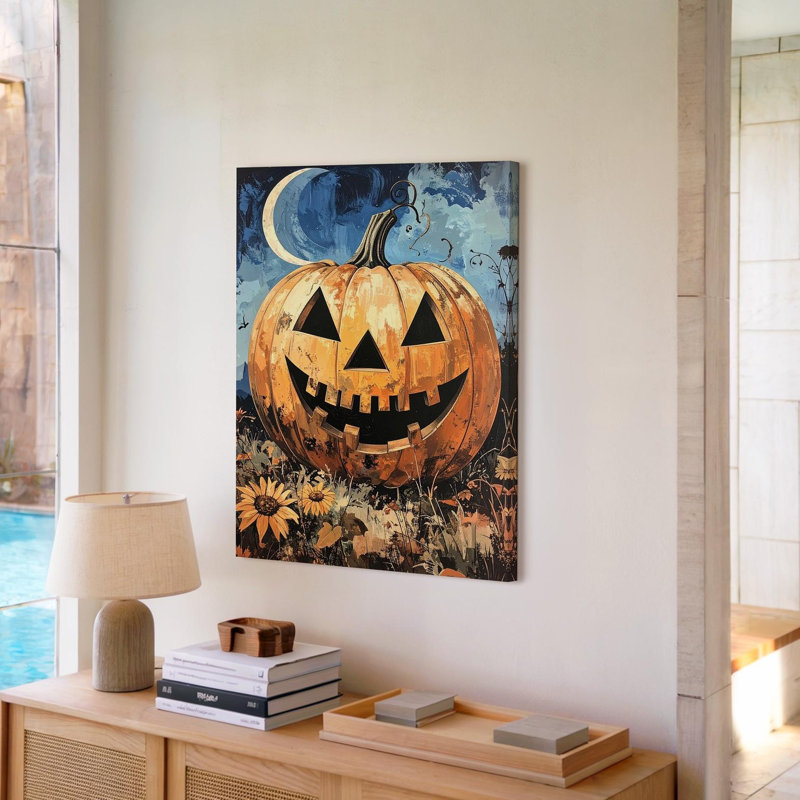 «Grinning Jack O Lantern», impression d'art populaire sur toile d'Halloween rustique, prêt à accrocher, H 12 po x l 9 po