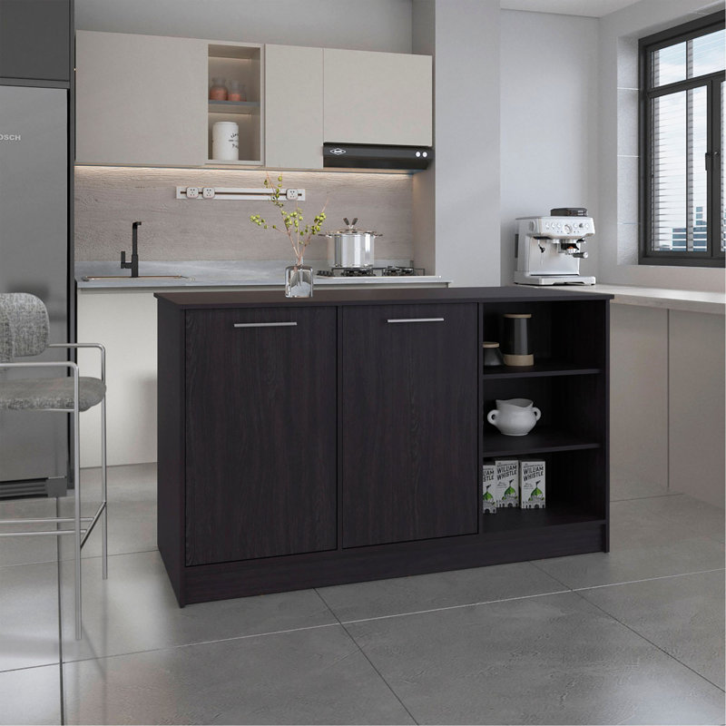 Kitchen Island Two Cabinets, Three Open Shelves, Black