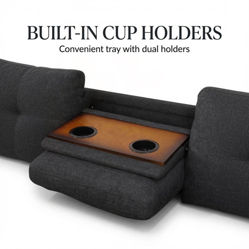 Canapé modulaire en L avec méridienne mobile et porte-gobelets, Mélange de lin noir et gris
