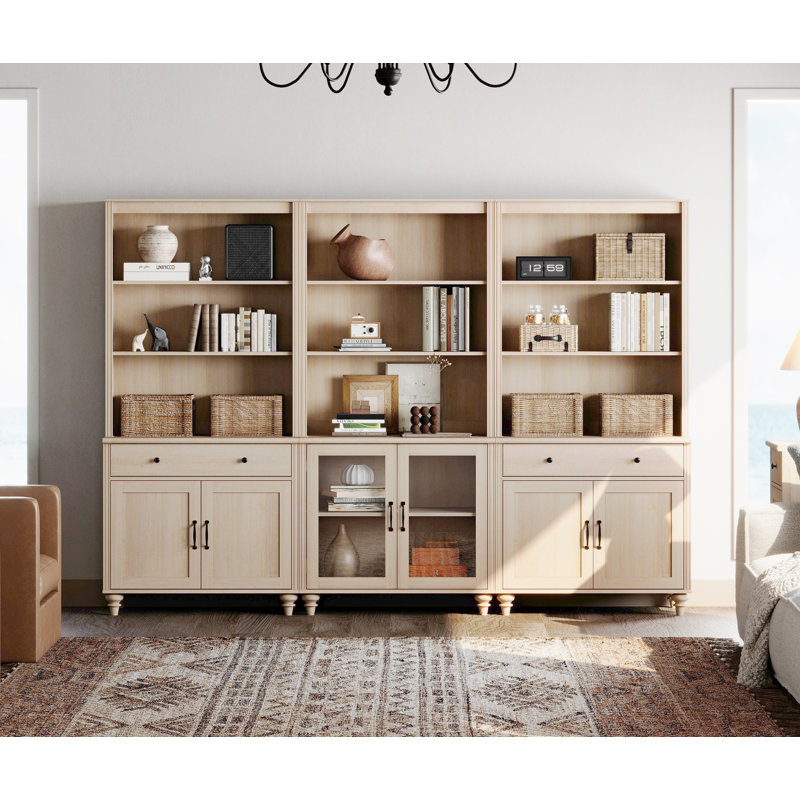 Bibliothèque Corretta 72,1 po H x 101,6 po L avec tiroirs et armoires, haute bibliothèque avec étagères ouvertes, grande bibliothèque en bois de style ferme pour salon, chambre, bureau ou cuisine, 72 po